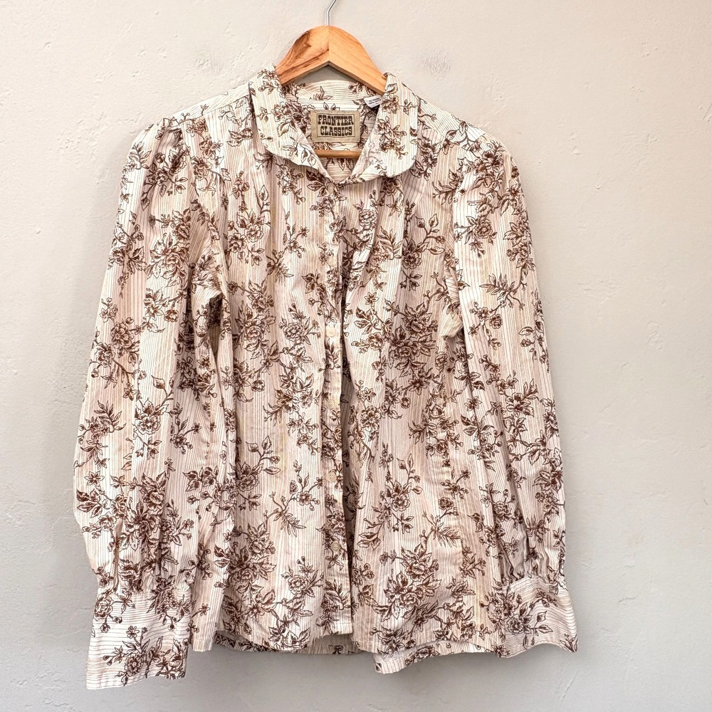 Frontier Classics Floral Top Shirt Women Size Large White Floral Button Up